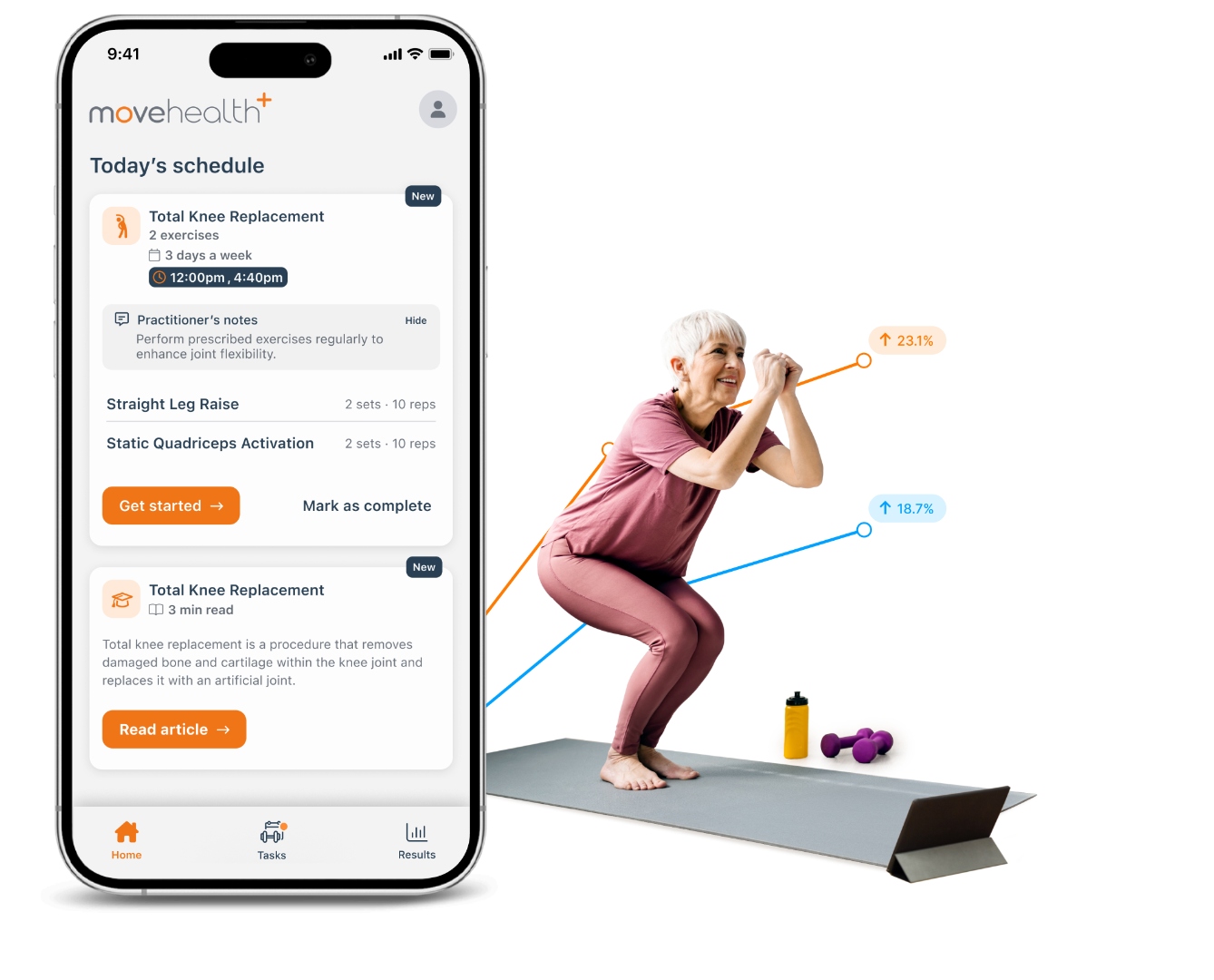 Move Health app showing today's schedule with custom exercises and a person performing a squat