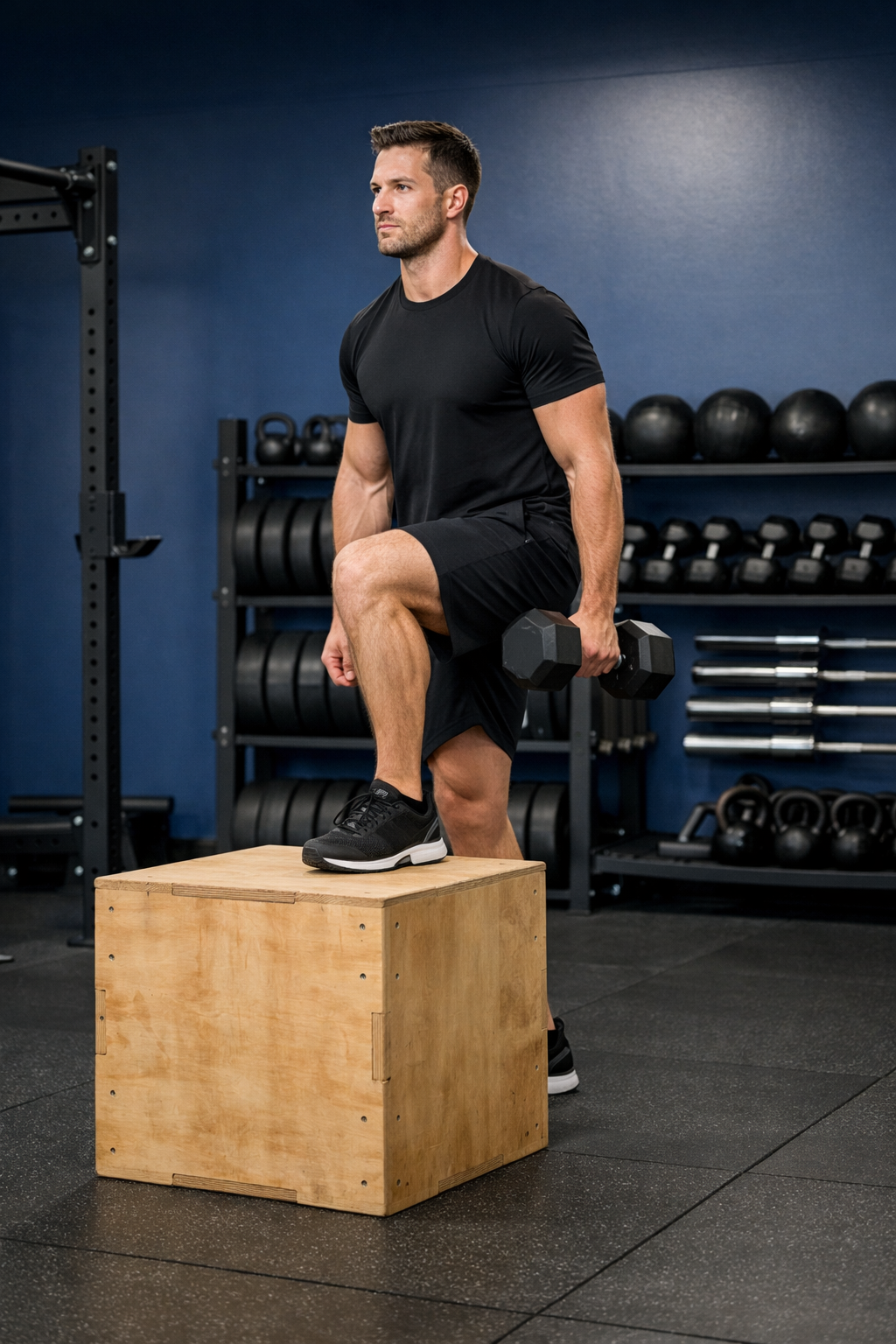 Client doing box step-ups with dumbbells during personal training