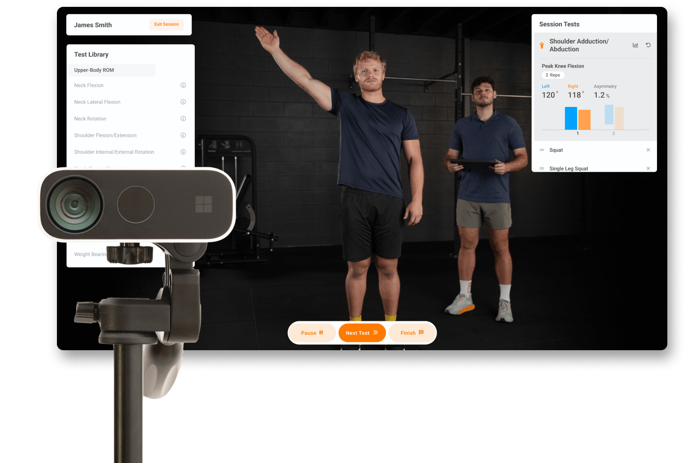 VALD HumanTrak markerless motion-capture camera and live software UI during a shoulder assessment